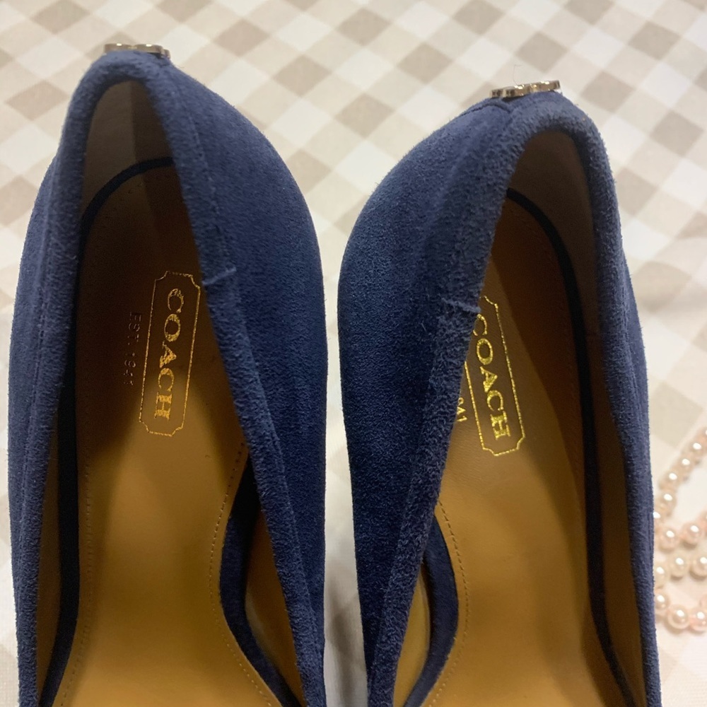 Coach Navy Suede Platform Peep-Toe Pumps - Picture 6 of 7